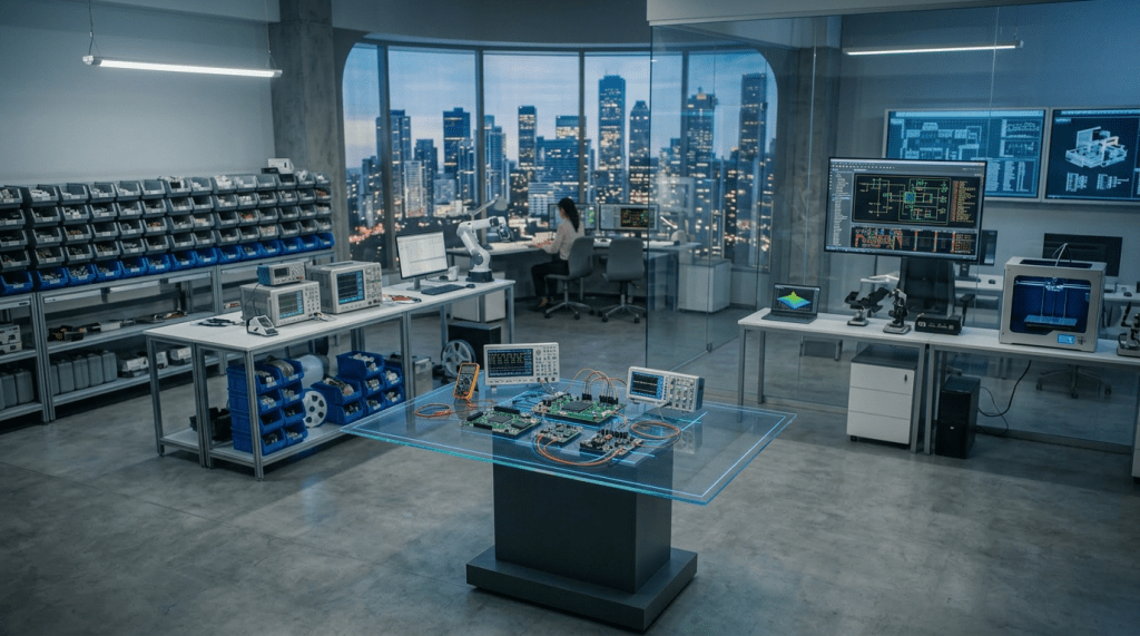 Team collaborating around holographic smart city model in modern office